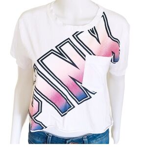 PINK Victorias Secret Pocket Crop Top/Tee With Pink Graphic Print Ivory Sz Small